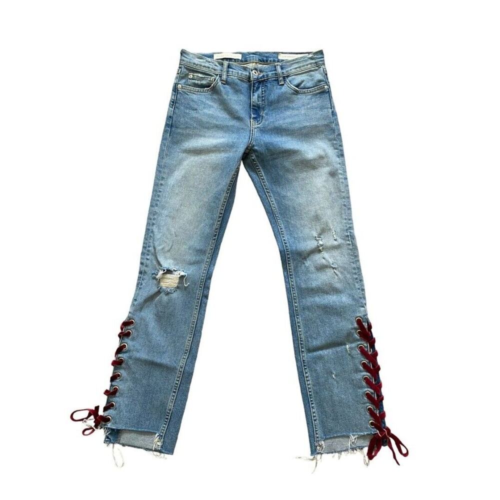 Anthropologie Pilcro Slim Straight Jeans Size 27 Raw Hem Lace Up Denim
